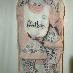 Floral Baby Outfit Set with one piece outfit, Bib and Hat, socks and more.